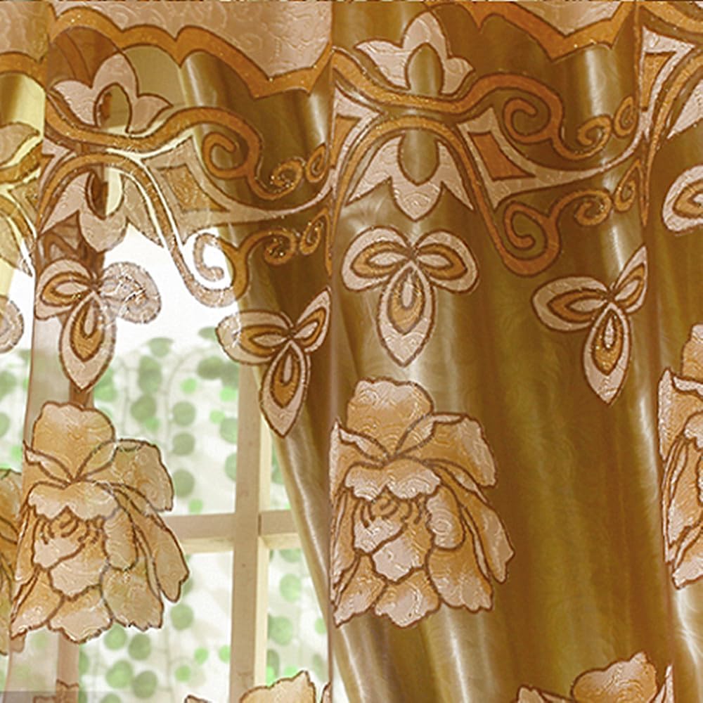 Amidoudou 1 Pair European Double Layer Curtains for Living Room Bedroom Lily Patterned Curtains with Tassel Beads (Brown,54x106 Inch)