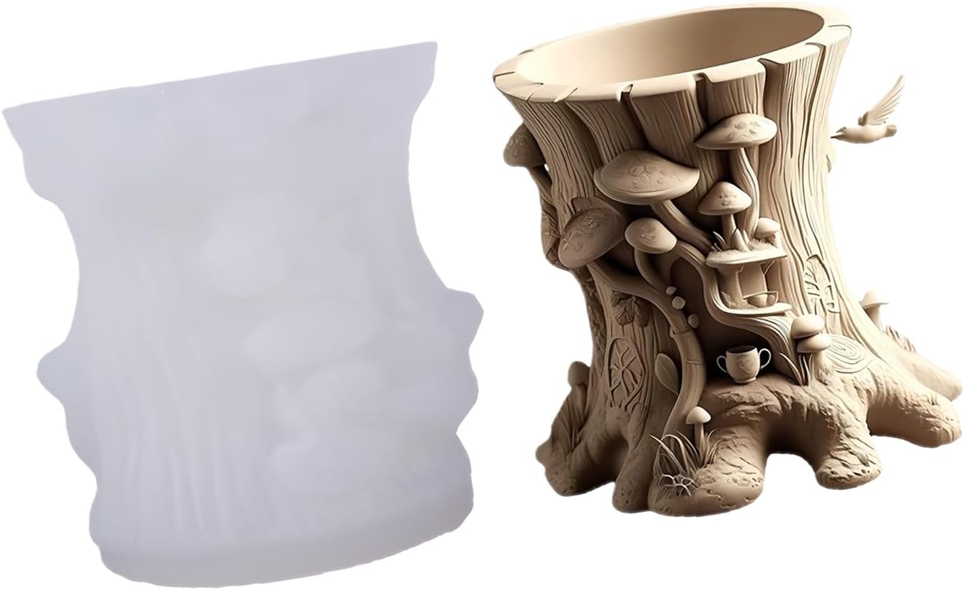 Tree Stump Silicone Mold for Planter 3D Bark Texture Resin Mold for Succulents Flexible Concrete for Jewelry Holder, Jar, Pen Organizer & Crafting Projects