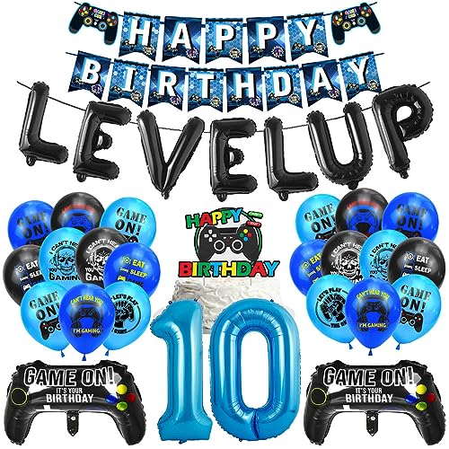 Gamer - Set di palloncini per il 10° compleanno, con numero 10 palloncini in pellicola, Happy Birthday Banner per 10 anni, per bambini, per giochi e feste