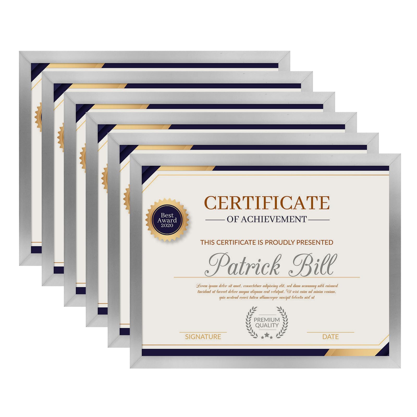 BSRHOME 8.5x11 Picture Frame Set of 6, Certificate Document Frame, Diploma Frame, Display Pictures 6x8 with Mat or 8.5x11 Without Mat,Silver