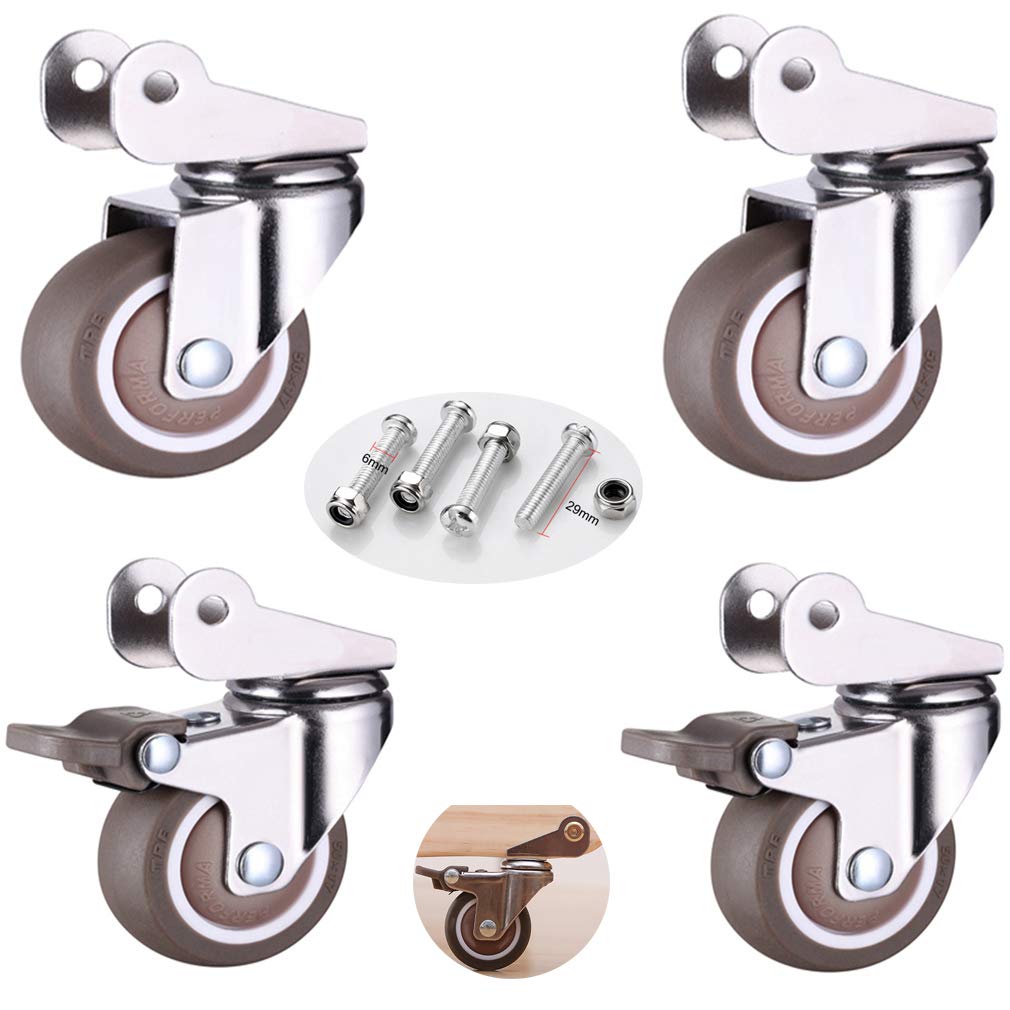 Gummirollen, Lenkrollen, 4 Lenkrollen for Kinderbetten, mit 20 mm P-Typ-Halterung, 3,8 cm/5,1 cm Gummi-Möbelrolle mit Bremsen, geräuschlos, faltbar, Kugellager, Tragfähigkeit 80 kg, mit Schrauben (50
