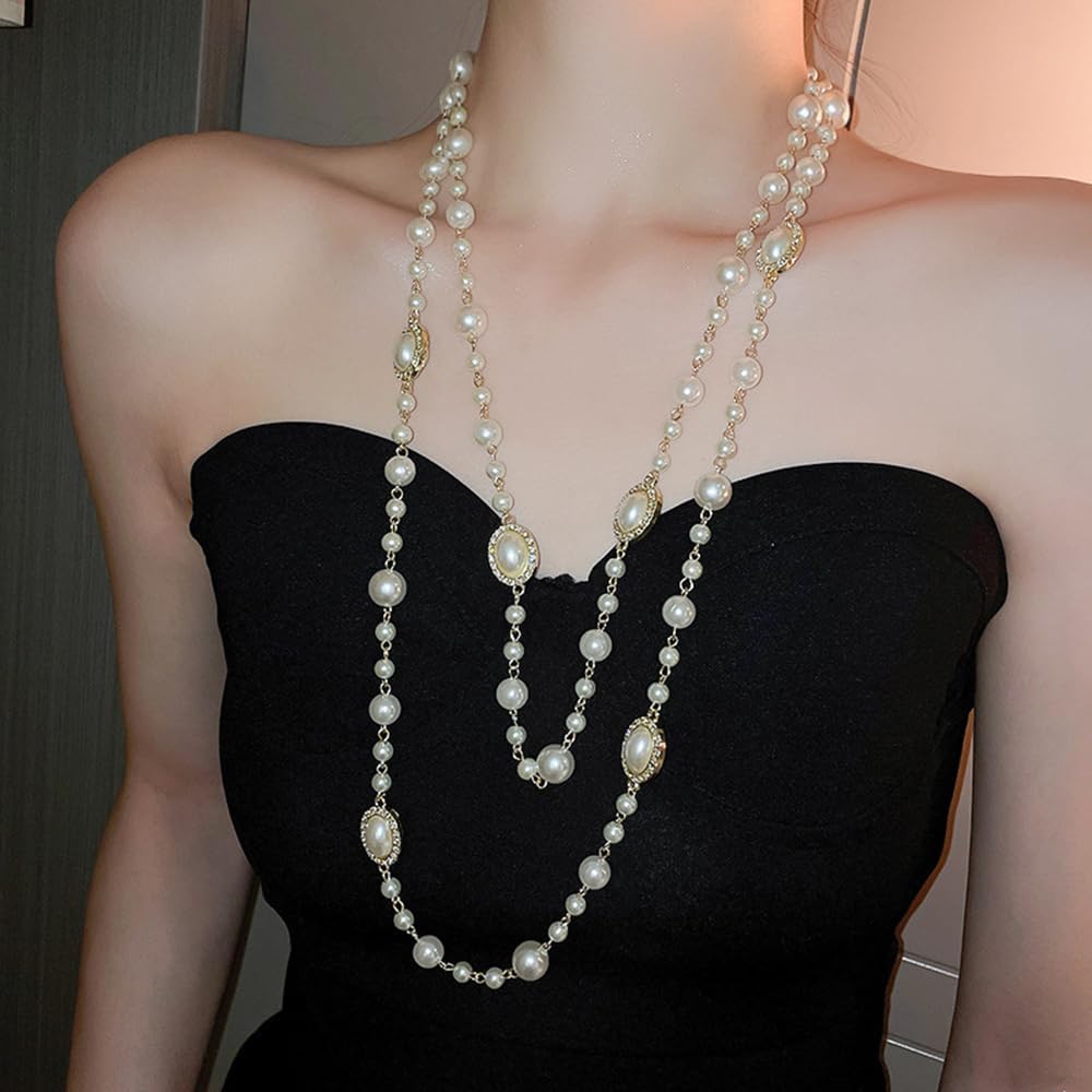 Octwine Boho Round Pearl Rhinestones Layered Choker Necklace Multi Strands Vintage Choker 1920s Bridal Wedding Crystal Rhinestones Shining Clothing Sweater Chain Necklace for Women - Image 3