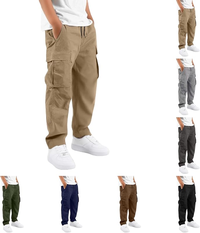 Boys Cargo Pants Baggy Pull On Uniform Pants Casual Back To School Clothes | Drawstring Elastic Waisted School Uniform Pants Open Bottom Straight Leg Trousers Sweatpants With Elastic Waist Multi Pockets