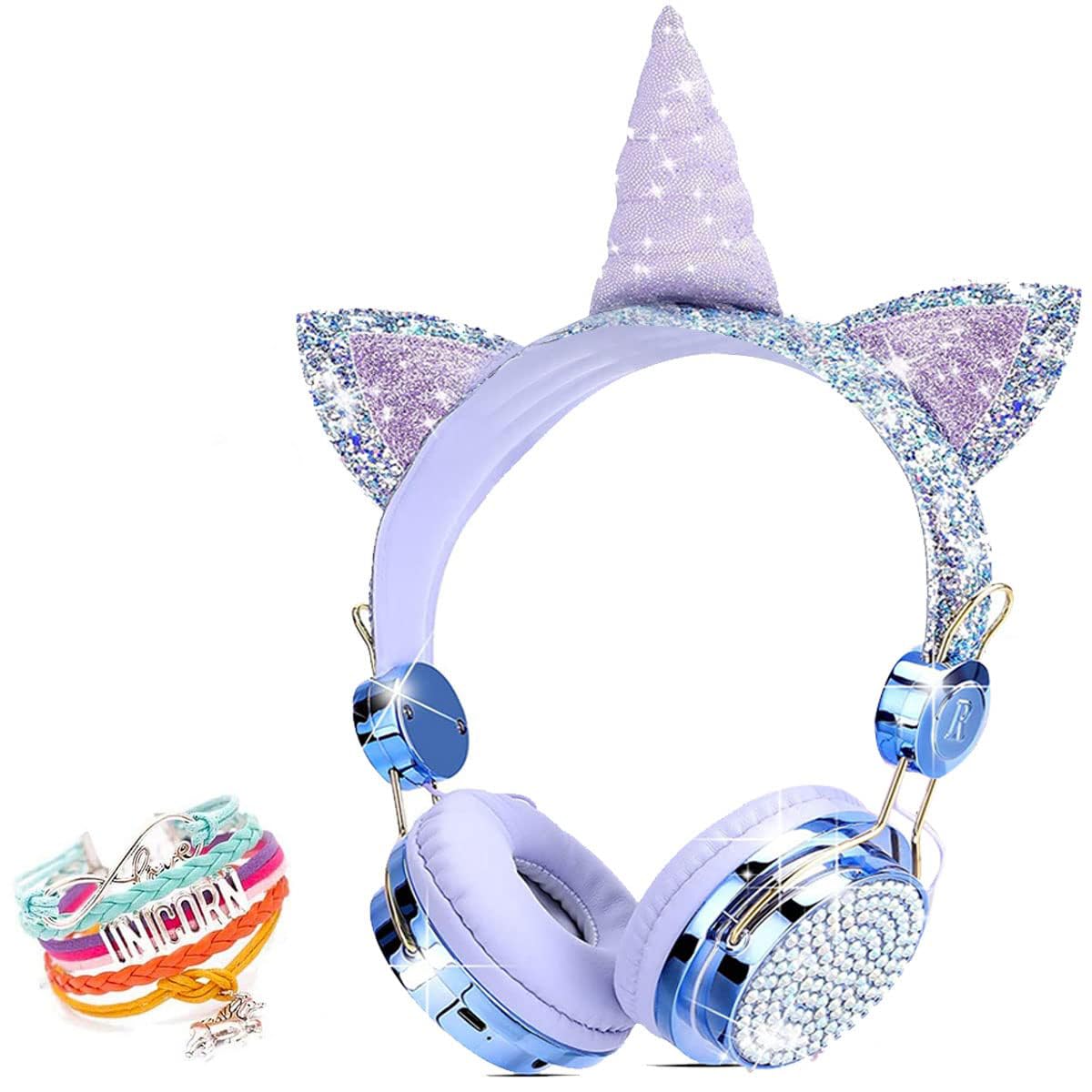 Unicorn Wireless Headphones for Kids, Cat Ear Bluetooth 5.0 Over Ear Headphones with Microphone for Cellphone/iPad/Laptop/PC/TV, for Girls Teens Gift (Blue)