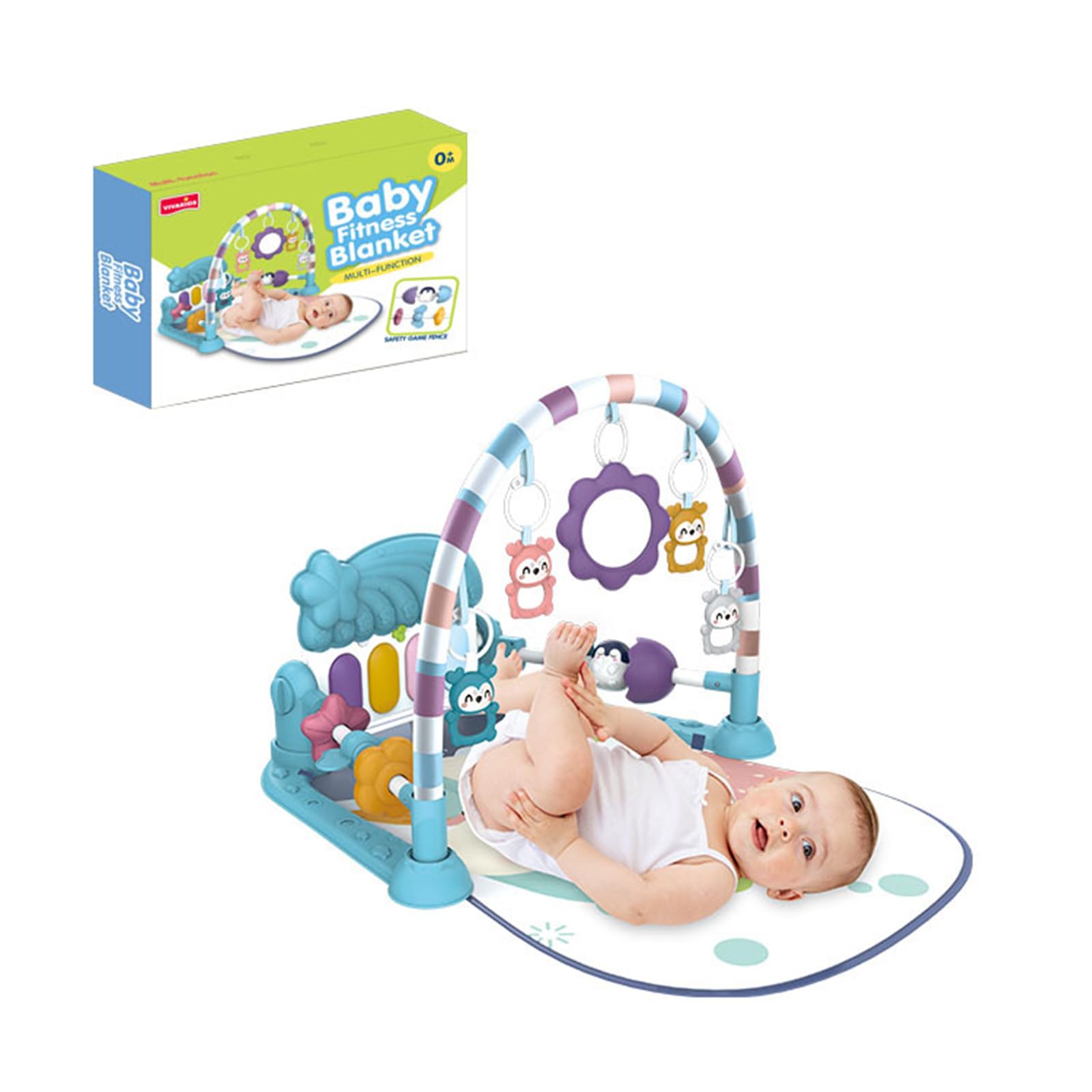 BREEZENEST Baby Play Mat Gym 6-in-1 Activity Center with Kick Piano, Sensory Toys & Mirror, Extra Guardrail Tummy Time Play Mat for Newborn to 12 Months Baby Activity Gym & Play Mat (Blue-1)