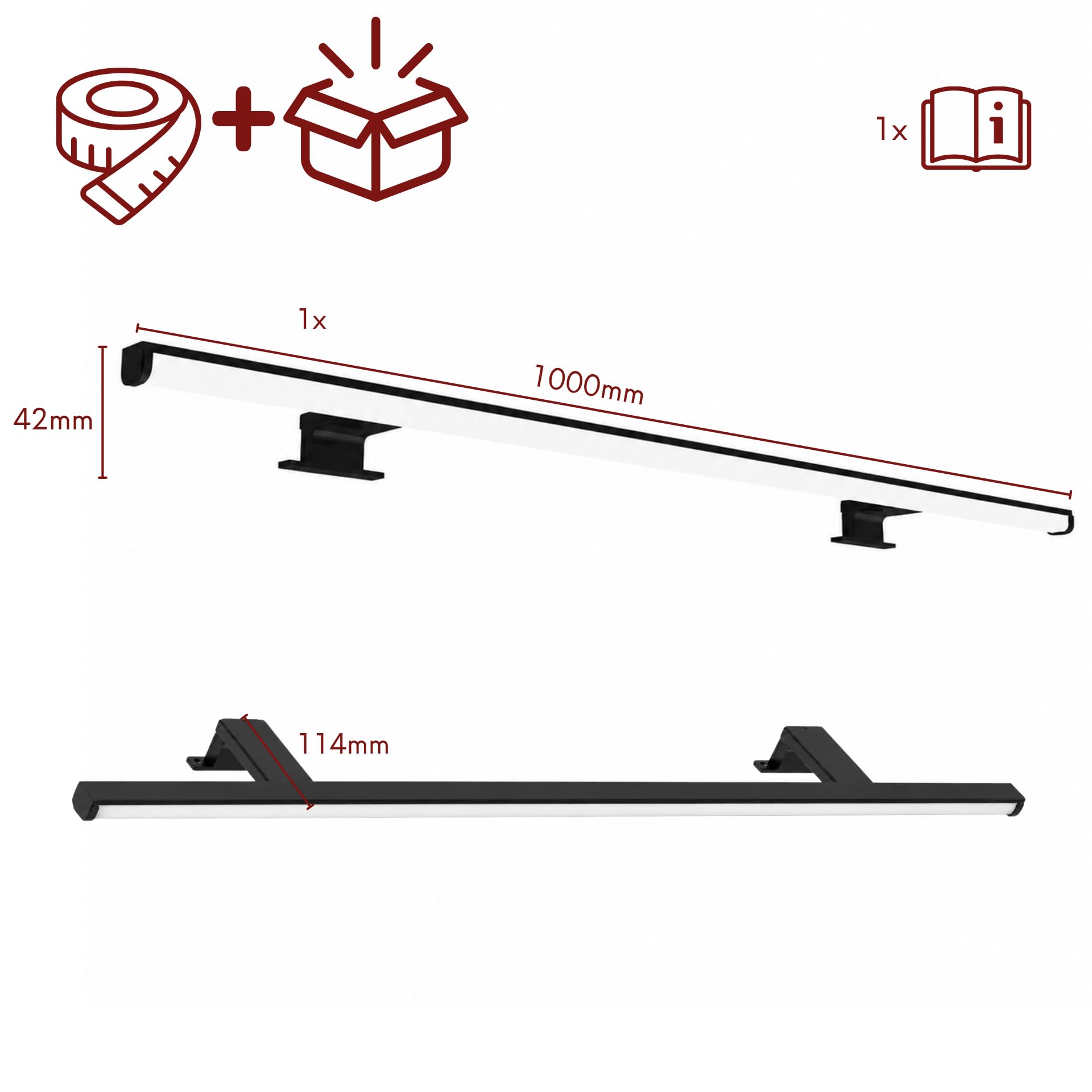 kalb Lumenia, LED Spiegelleuchte, LED Badezimmerleuchte, 100cm Spiegellampe, IP44, schwarz, Spiegel & Schrankmontage, energiesparend, blendfrei, 230VAC, zwei Montagefüße, extra stabil, warmweiß