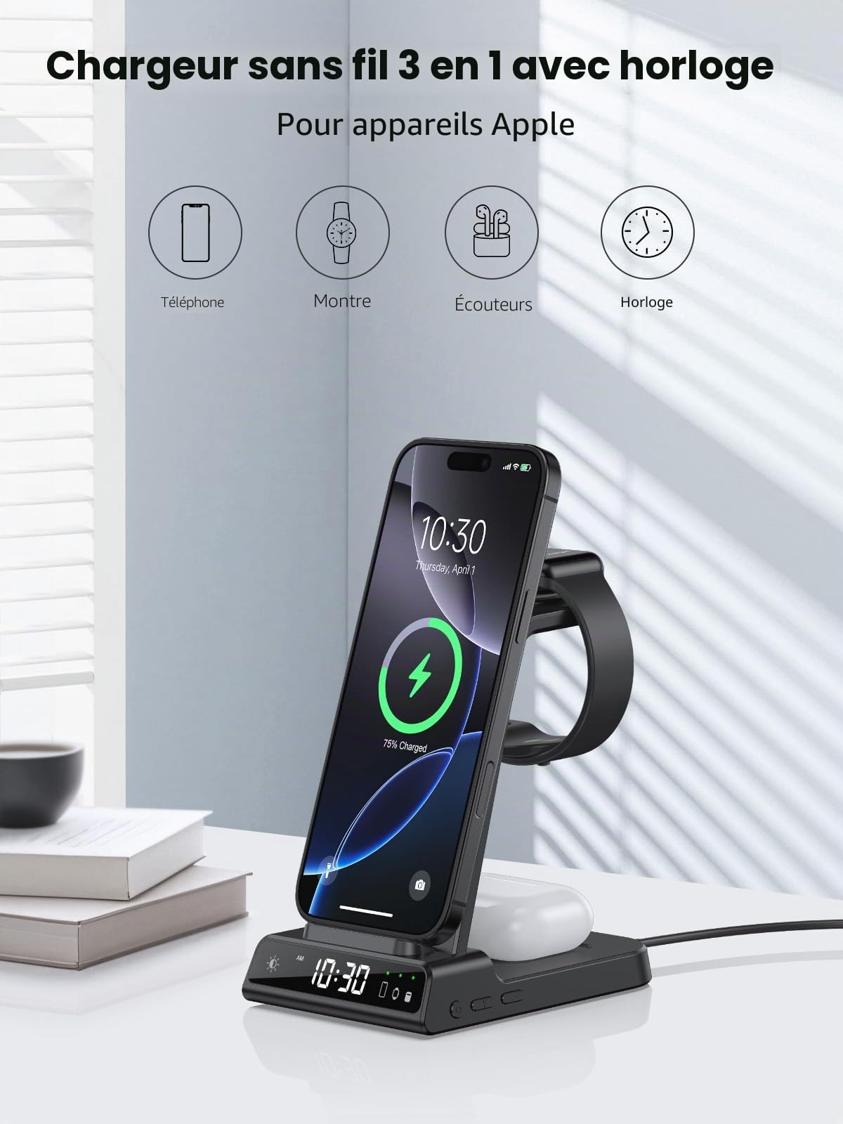 Chargeur sans Fil pour Apple Station de Charge 3 en 1 avec Horloge pour iPhone 16/15/14, pour Apple Watch Chargeur avec iWatch 10/9/8/7/6/SE, Support de Charge sans Fil avec Air Pods 4/Pro