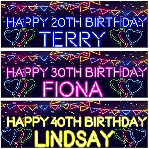 2 Personalised Birthday Banner Neon Balloon Hearts Bunting Kids Adults Party- 18th 21st 30th 40th 50th 60th 70th 80th Birthday Decoration Cover