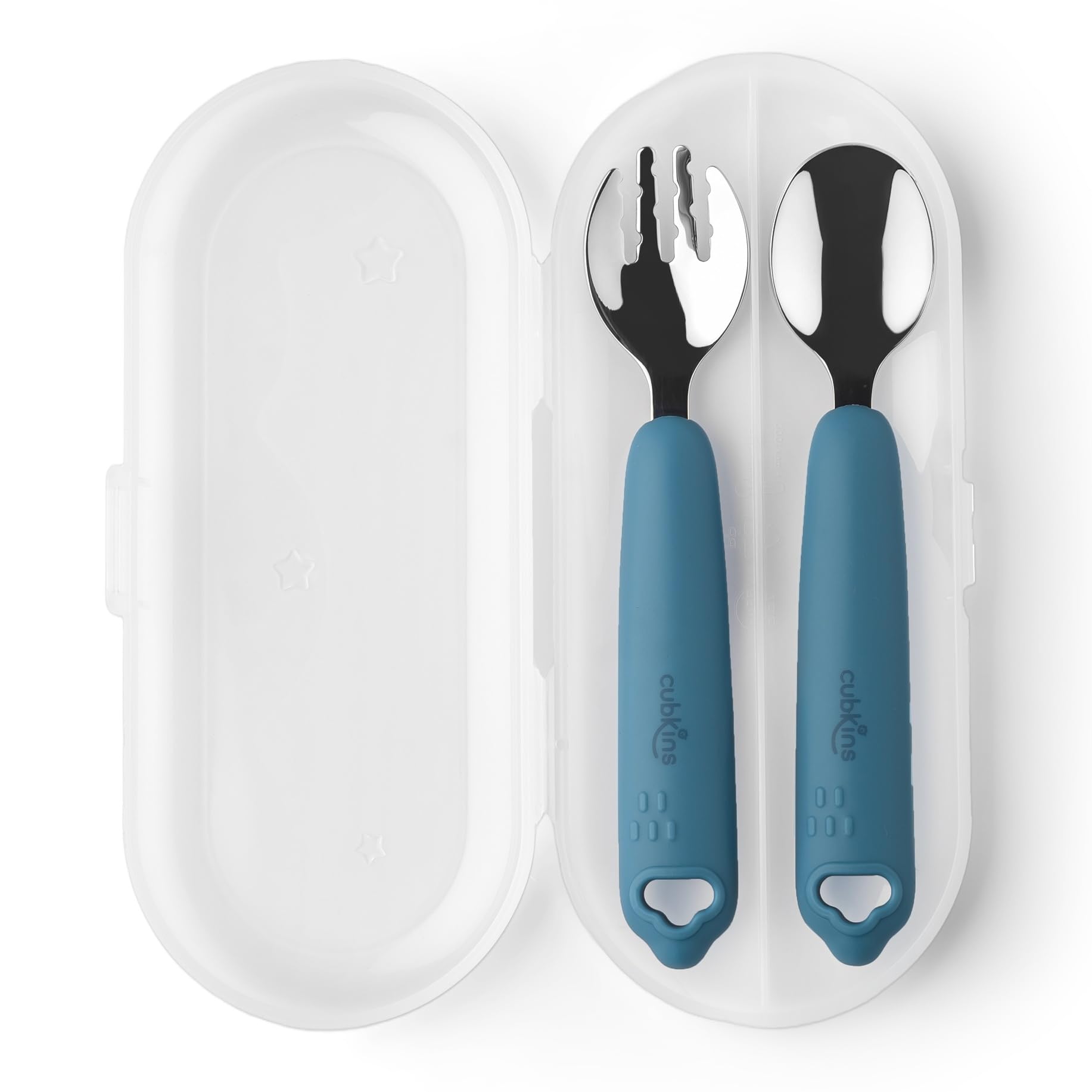 Cubkins Steel Spoon & Fork Set for Babies with Soft Silicone Handle and Cover | Non Toxic, Food Safe and BPA Free | Washable and Reusable (Blue Olive) - Image 3 thumbnail