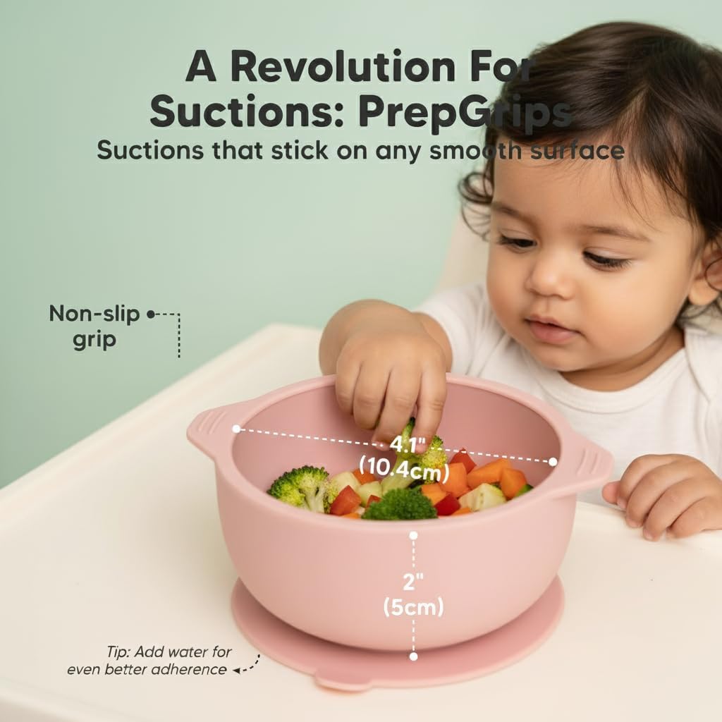 Silicone Baby Suction Bowls (2 Pack) – Non-Slip Stay Put, High Edge for Self Feeding, BPA Free Toddler Feeding Bowl, (Beige/Brown)