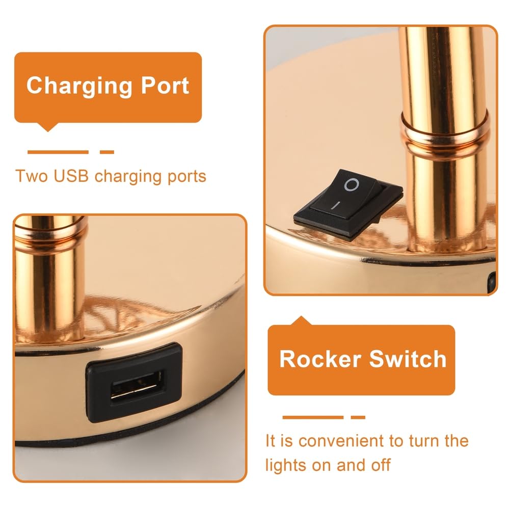 JHYPVII Modern Crystal Table Lamp with Dual USB Charging Port, Gold Bedroom Nightstand Table Lamps with Switch - Image 4