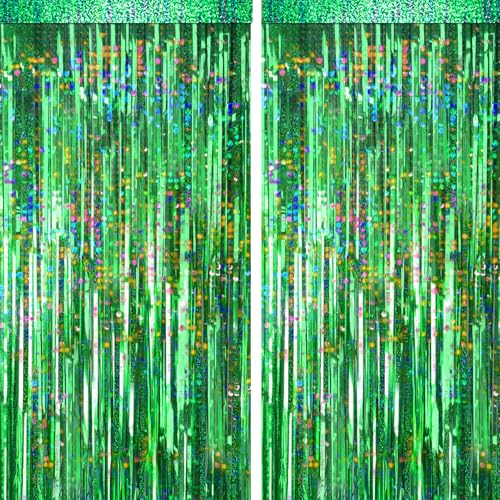 Image of 4 Packs Green Foil Fringe Curtain, Green Glitter Metallic Tinsel Backdrop for Birthday, Wedding, Baby Shower, Halloween, Christmas, Hawaiian Luau, Football, Dinosaur Jungle Party Decorations Supplies