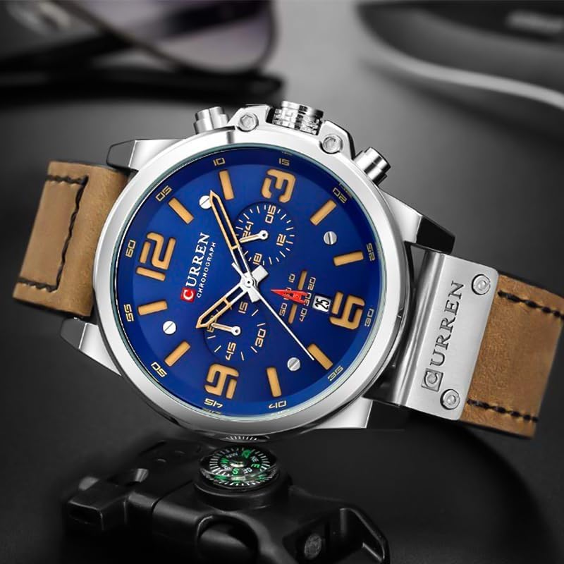 FANMIS Mens Sport Military Analog Quartz Watch Classic Chronograph Sandwich Dial Business Dress Waterproof Watch Multifunctional Wristwatch with Leather Strap - Image 6