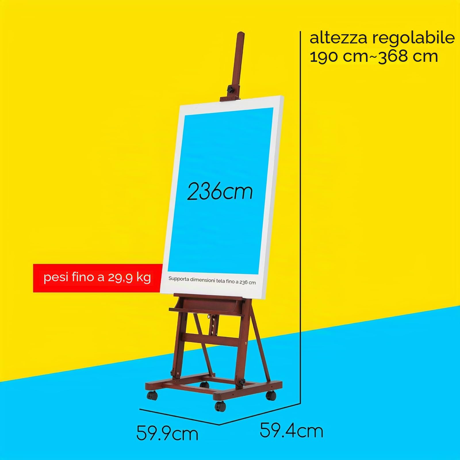 MEEDEN Cavalletto per Pittura in Legno: H Frame Grande Cavalletto in Faggio Massiccio con Ruote e Vassoio di Stoccaggio - Regolabile da 190-370CM, può Contenere arte su Tela Fino a 236CM