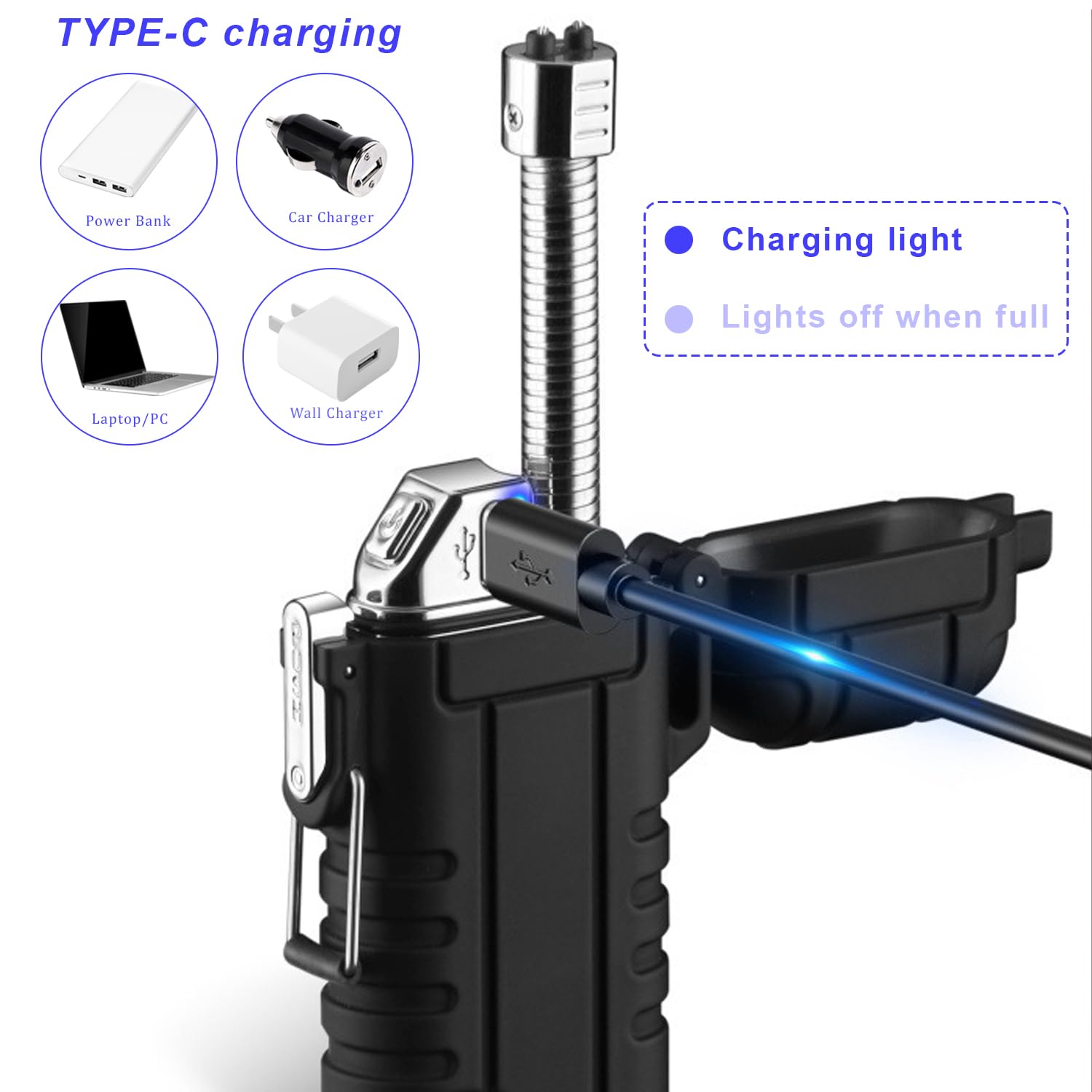 2 accendini ad arco elettrico, antivento, impermeabili, con ricarica USB-C, flessibile, per campeggio, cucina, sopravvivenza, regalo da uomo