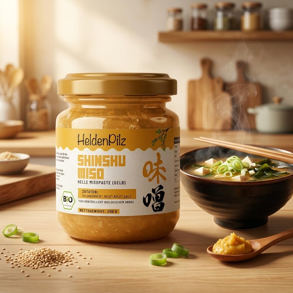HeldenPilz® | Miso orgánico | Pasta de miso sin pasteurizar | Brillante Shinshu White Miso de Arroz | Ingredientes 100% naturales | Bio Sostenible Sin Plástico