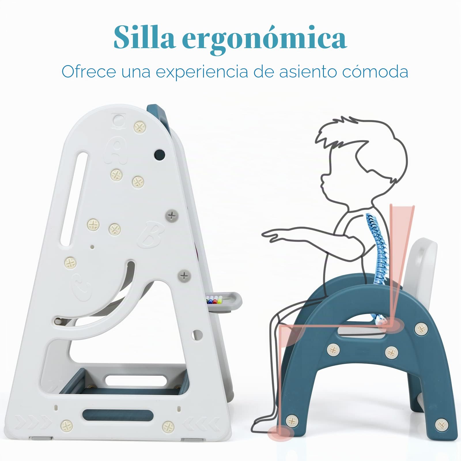 LIFEZEAL Juego de mesa con caballete magnética y librería, mesa con pizarra blanca, escritorio infantil con tabla plegable de dibujo, caballete ajustable con silla ergonómica para niños 3 años+ (Azul)