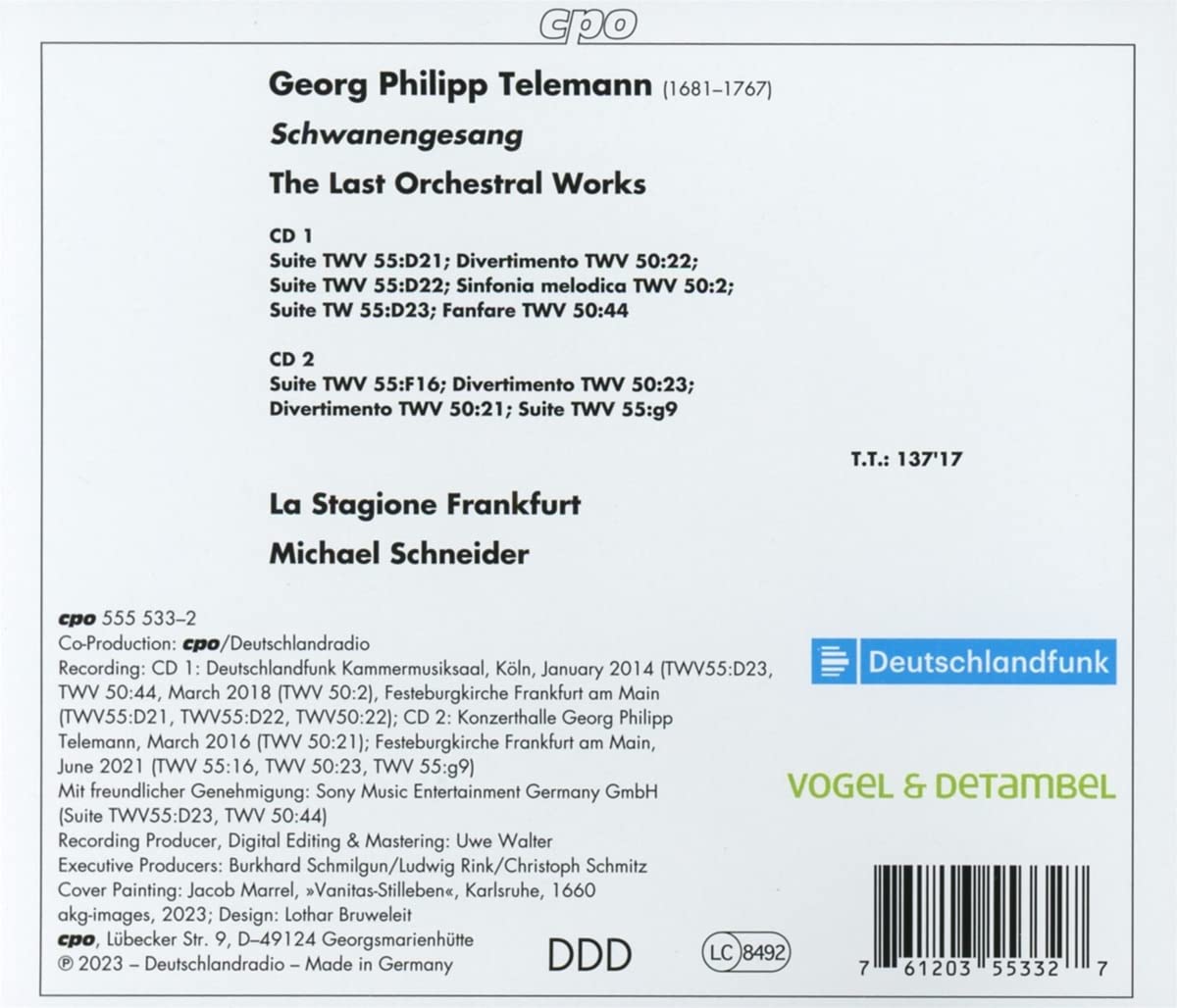 Telemann : Les dernières œuvres orchestrales. La Stagione, Schneider.