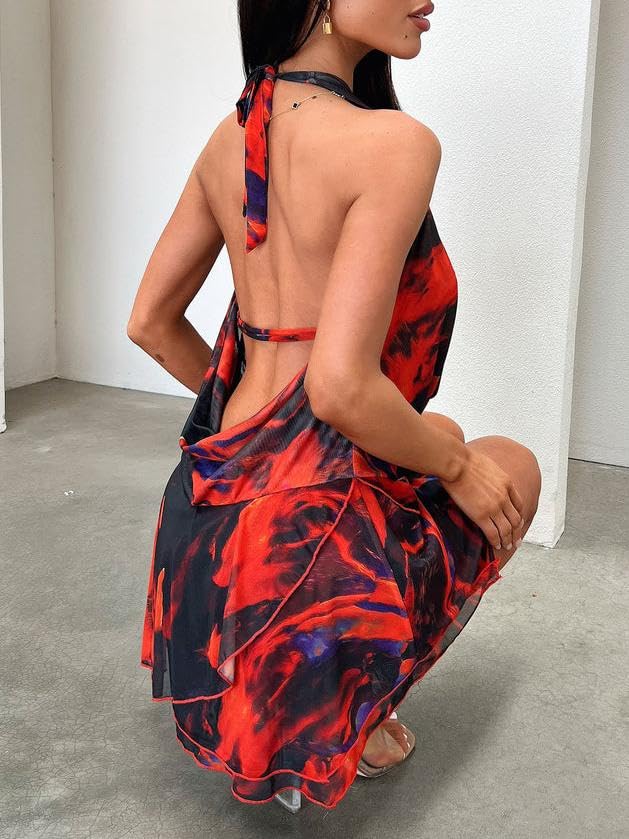 Image of Women Halter V Neck Mini Dress Sexy Sleeveless Backless Slim Fit Party Club Short Dress Y2K Beach Sundress
