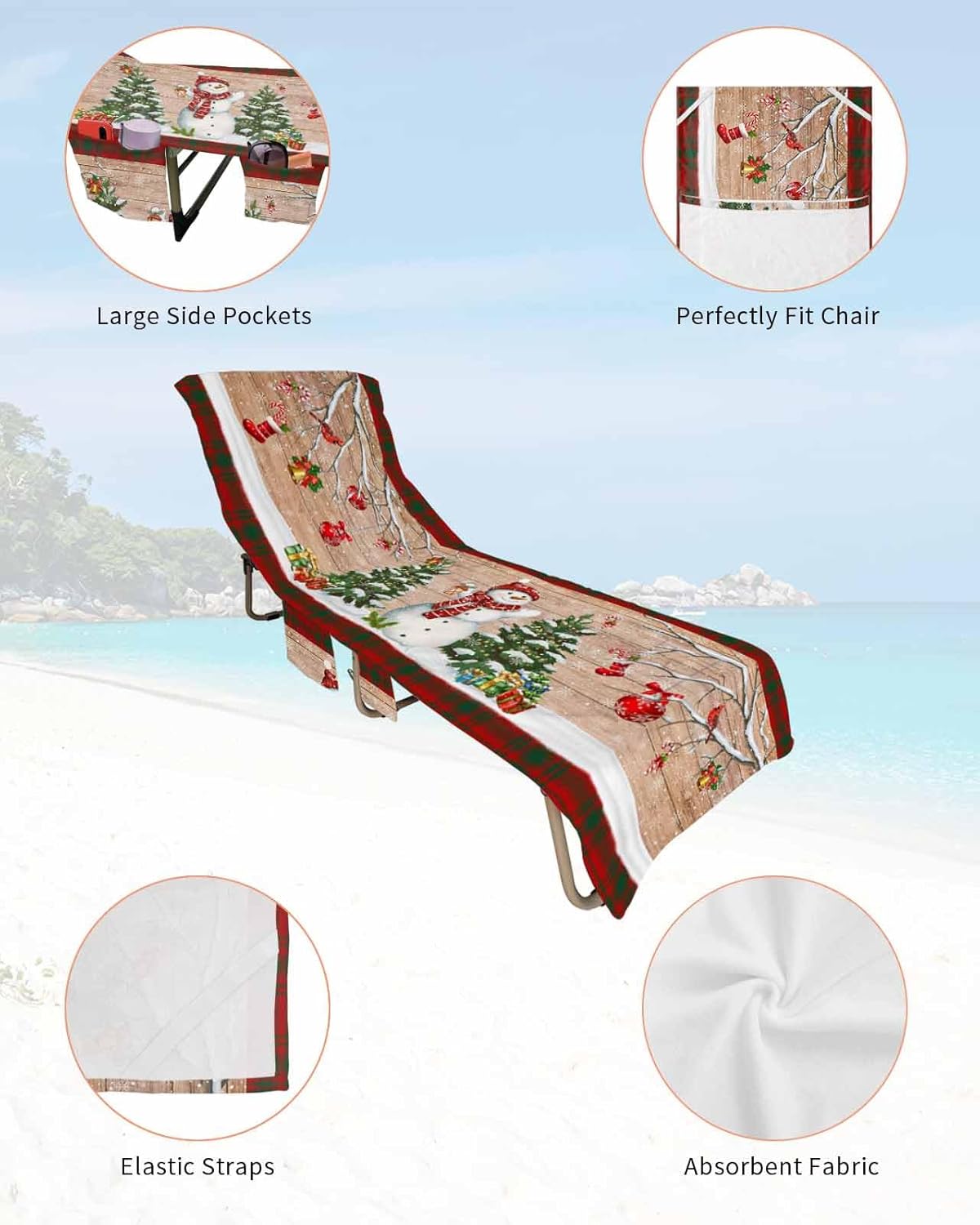 Christmas Farmhouse Beach Pool Patio Lounge Chaise Chair Cover Towel With Pockets,Absorbent & Quick Dry Microfiber Towel Cover Bag Summer Accessories for Sunbathing Winter Snowman Pine Tree Red Plaid
