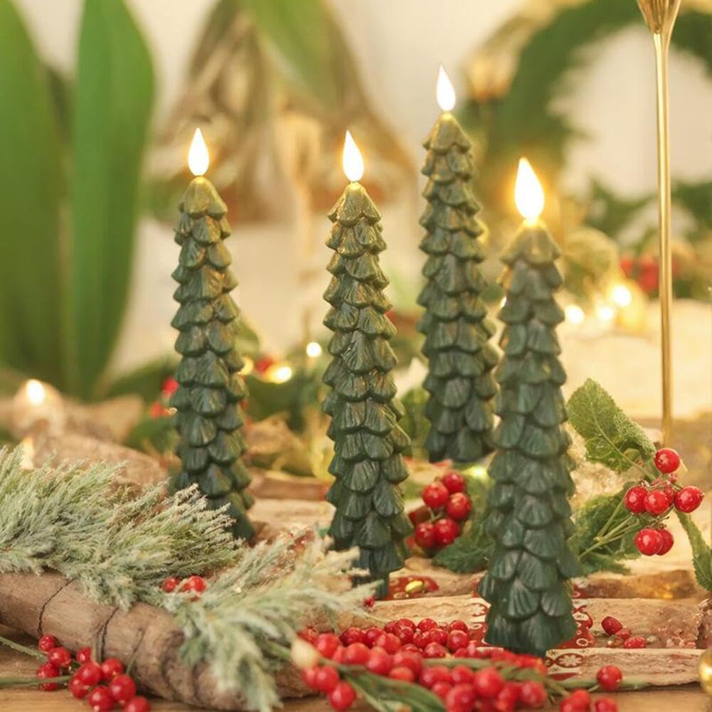 Velas cónicas sin llama con control remoto, velas LED en forma de árbol con efecto de llama parpadeante, funcionan con pilas para decoración de mesa de comedor (6)