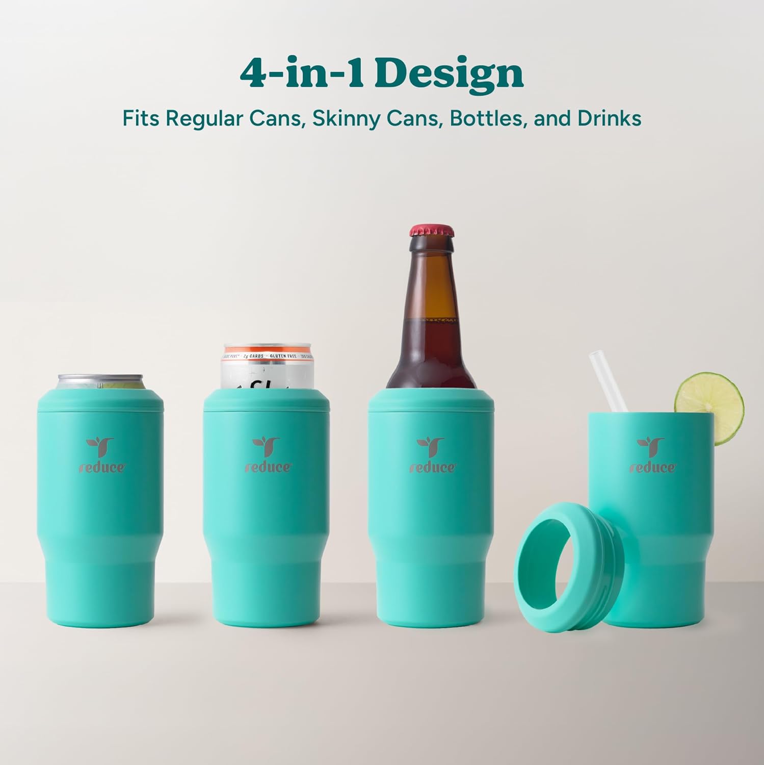 Reduce 4-in-1 Drink Cooler - Versatile Can & Bottle Holder with Vacuum Insulation - Keeps Drinks Cold Up to 4 Hours - Includes Bottle Opener - Fits Cupholders & Dishwasher Safe - 14oz - Ocean Breeze - Image 4