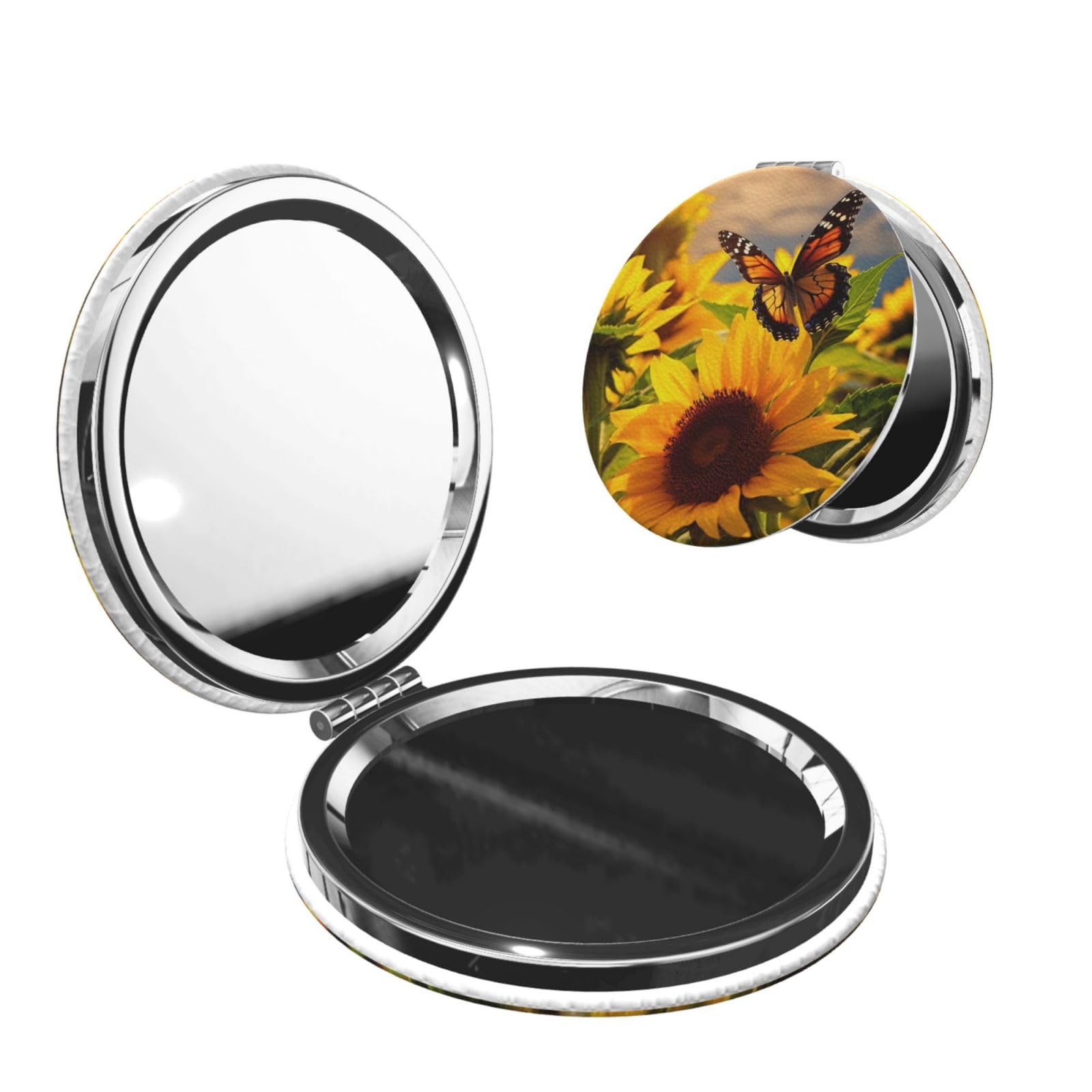DWVTSLH Sunflower Butterfly Compact Mirror for Purse, Double-Sided 2X/1X Magnifying Mirror for Women Men, Travel Makeup Mirror for Handbag, Handheld Vanity Mirror for Gift