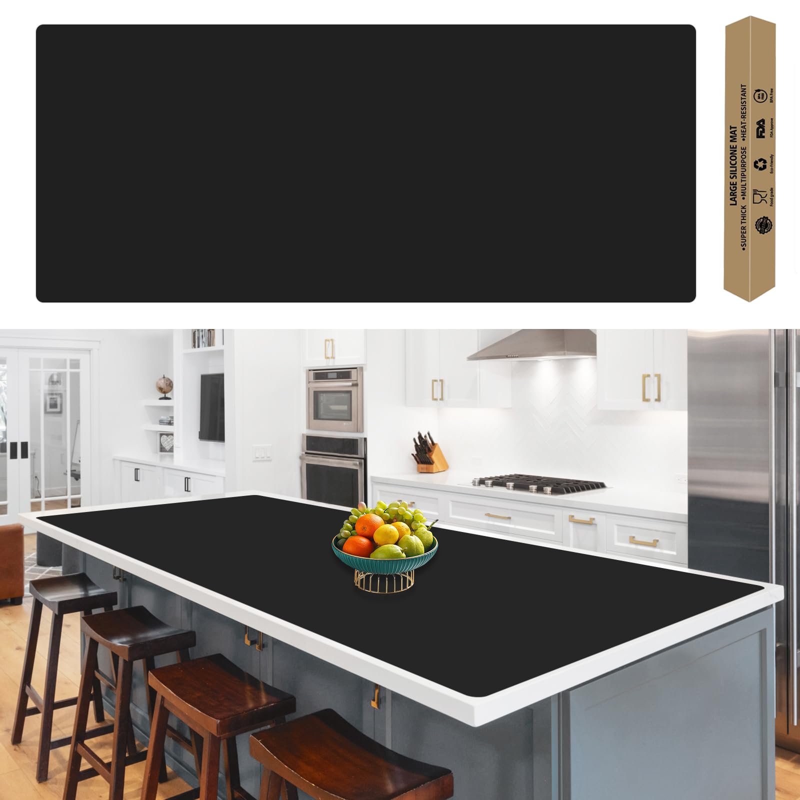 120''x24''(305cmx60cm) Extra Large Silicone Mat for Kitchen Counter, Heat Resistant Countertop Protector, Non-Slip Waterproof Kitchen Island Mat, Easy to Clean, Black