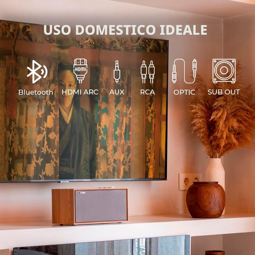 VULKKANO T40 ARC Cassa Amplificata con Woofer da 4", Bluetooth 5.0, HDMI ARC, Optica, RCA, USB, Altoparlante da tavolo, per la TV o per lo Scaffale, Colore Brown