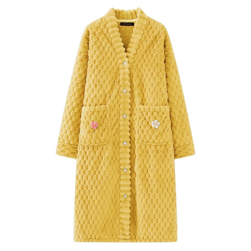GHYUBYER Peignoir En Polaire Chaud Pour Femme Robe De Chambre, Vêtements De Détente Doux Et Chauds Pour Femmes Avec Boutons Sur Le Devant (Color : Yellow, Size : One size)