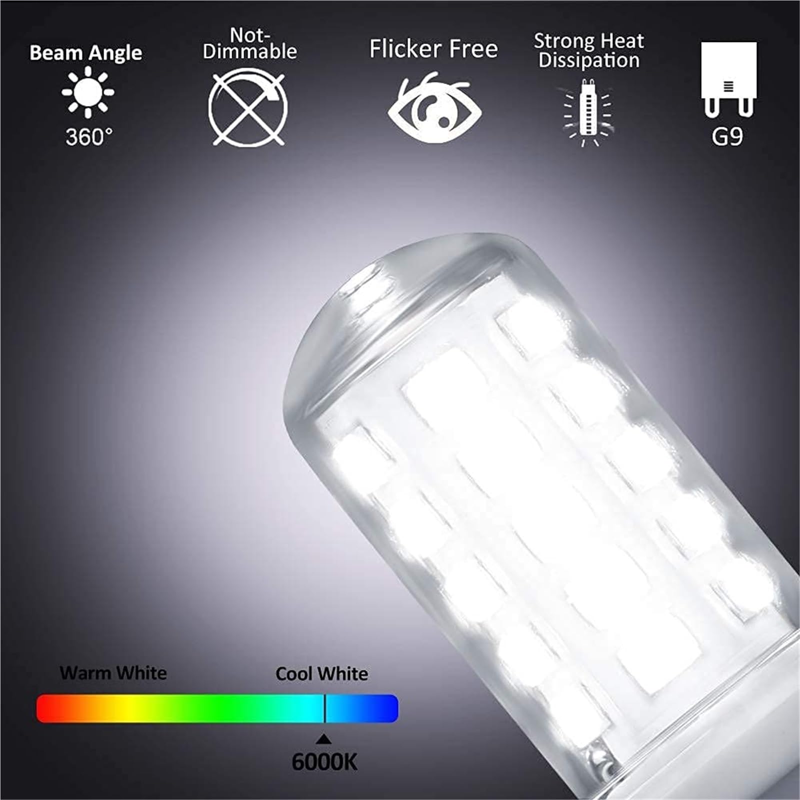 Bombilla LED G9 5W Reemplazo 50 W Ahorro de energía Sin parpadeo No regulable Para lámparas araña lámparas tech lámparas mesa para uso en interiores hogar y oficina(Cool White 6000K)
