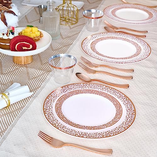 150 Count Rose Gold Dinnerware Set, Elegant Plastic Plates Include: 25 Gold Lace Plastic Plates, 25 Dessert Plates, 25 Forks, 25 Knives, 25 Spoons, 25 Cups For Party, Thanksgiving #TOP4