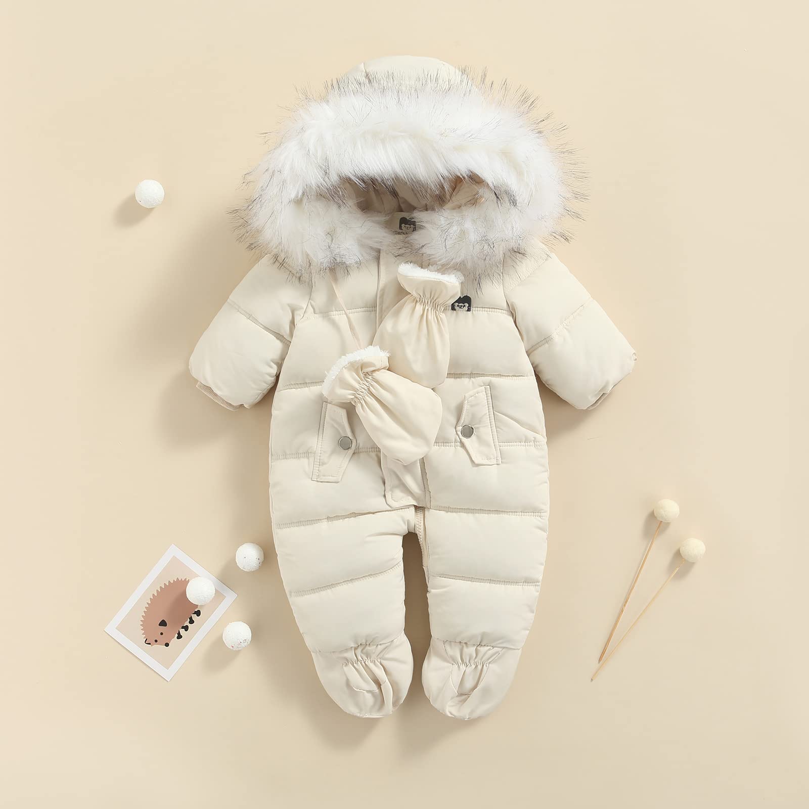Geagodelia Combinaisons à Glissière pour Enfants avec Gants, Combinaison à Capuche Hiver Barboteuse en Peluche de Couleur Unie avec Poches