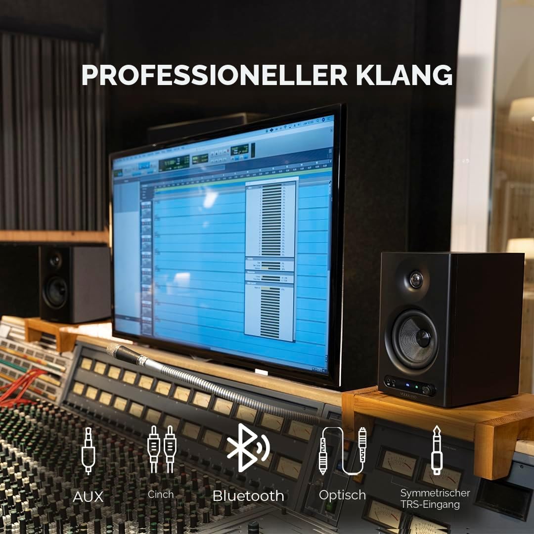 VULKKANO PRO4 Studio Monitore mit 4" Woofer, Bluetooth, Symmetrischem TRS-Eingang, RCA, Kopfhörerausgang, AUX, Optischem, EQ-Einstellungen, Lautsprecher für Monitor