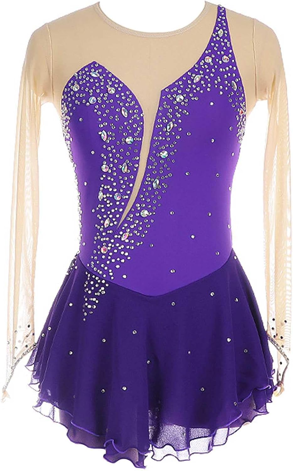 HAWFHH Figure Skating Dress, Women's High Elasticity Competition Skating Wear, Long Sleeve Shiny Rhinestones Dancewear
