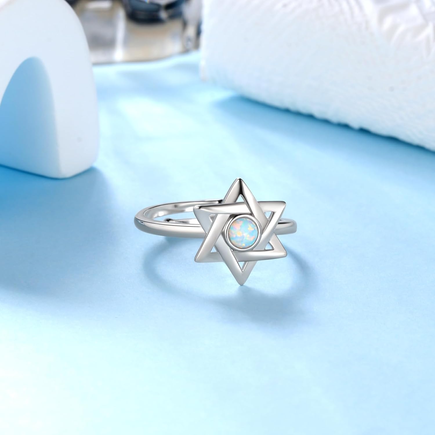 Jewmon Sterling Silver Star of David Ring for Women - Adjustable Magen David Ring - Wiccan Amulet - Jewish Gifts