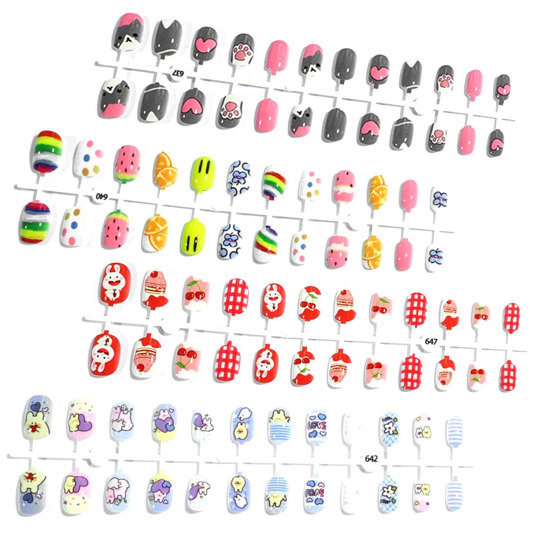 SGERUFZ 4 hojas Uñas Postizas de Niñas, Uñas para Niña de Cubierta Completa, Cortas Falsas de Niños, Dibujos Animados, Lindo y Colorida para Niñas, Pintauñas Niñas