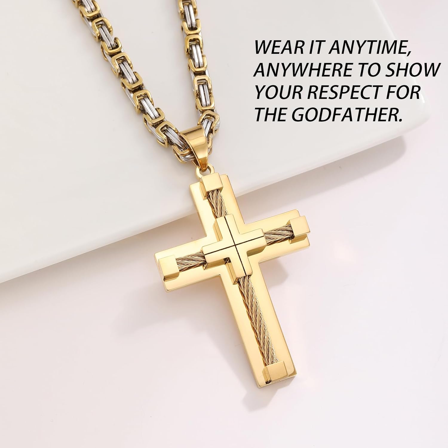 Men's Cross Necklace Stainless Steel Cable Cross Pendant Christ Jesus Belief Jewelry, 24'' Rolo Chain
