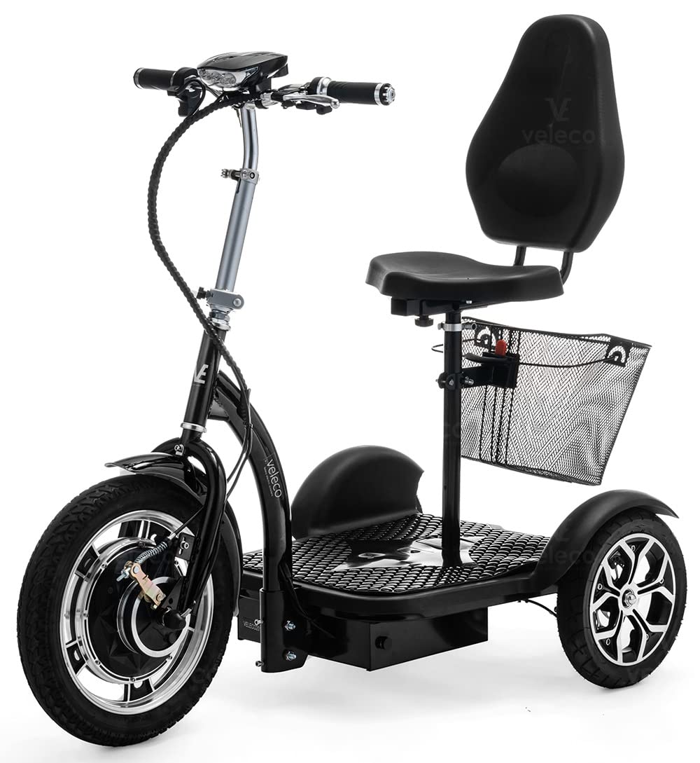 VELECO ZT16 - Scooter de movilidad de 3 ruedas - Totalmente ensamblado y listo para usar - Ruedas grandes - Fácil de maniobrar - Frenos delanteros y traseros - Cesta de la compra extraíble (NEGRO)