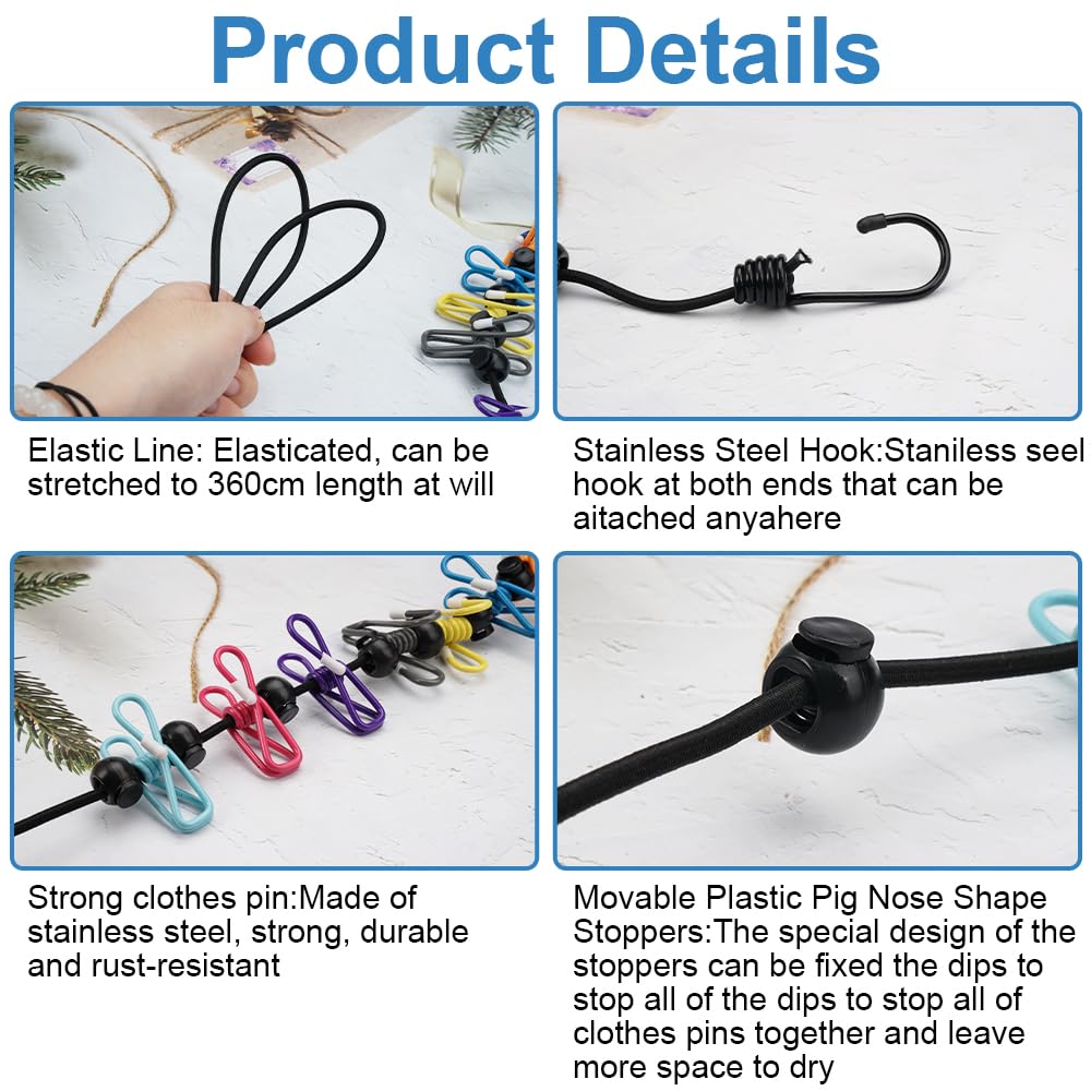 Cordello Elastico Da Viaggio Wenrescry Con 12 Mollette - Stendibiancheria Portatile Per Campeggio, Escursioni E Dormitori - Foto 5