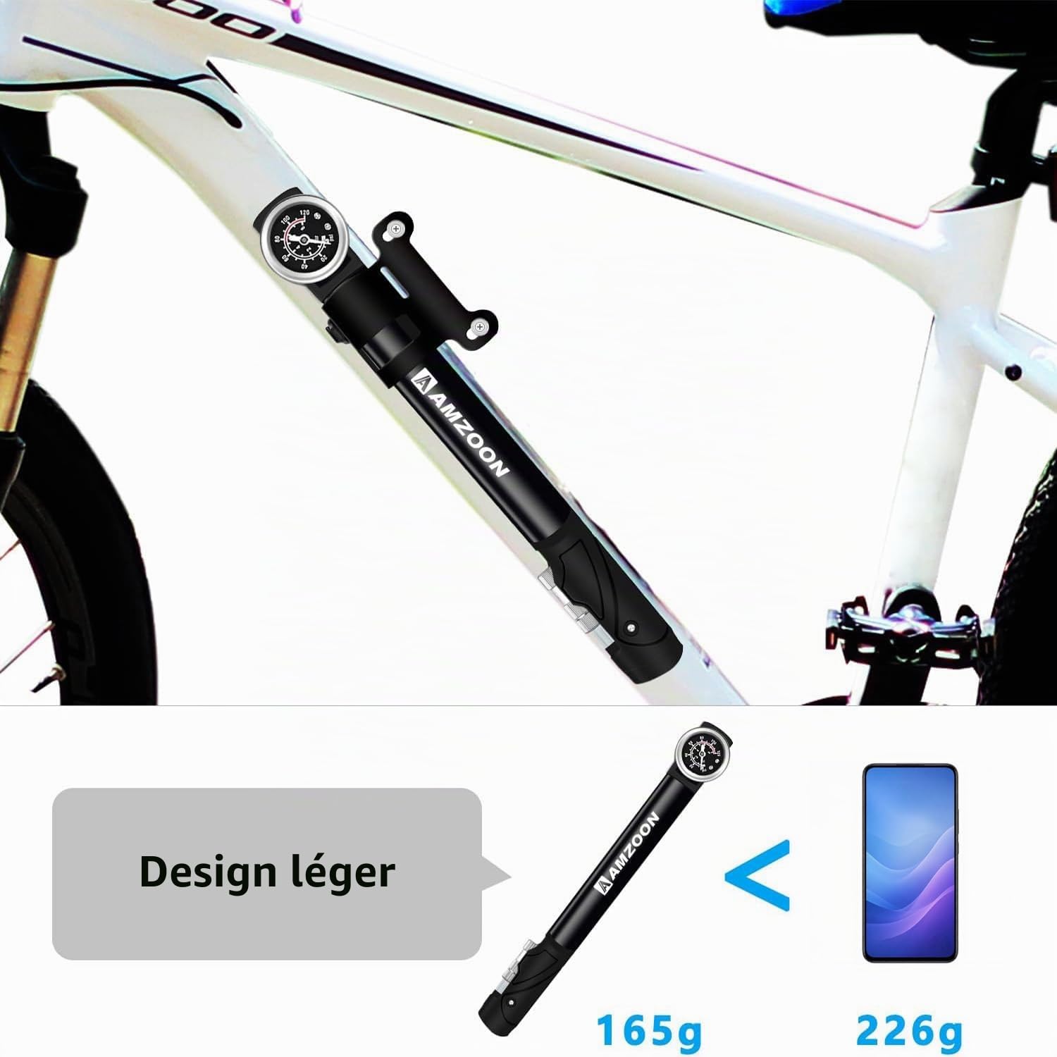 Pompe à Vélo avec Manomètre Tuyau Rallongé pour Schrader et Presta Valve