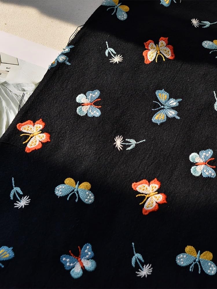 Tela para Tapizar Tela de algodón y Lino con diseño de Mariposa Bordada, Hecha a Mano, for sofá, Almohada, Mantel, Bolsa de Tela Tela Tapizar(2 Black)