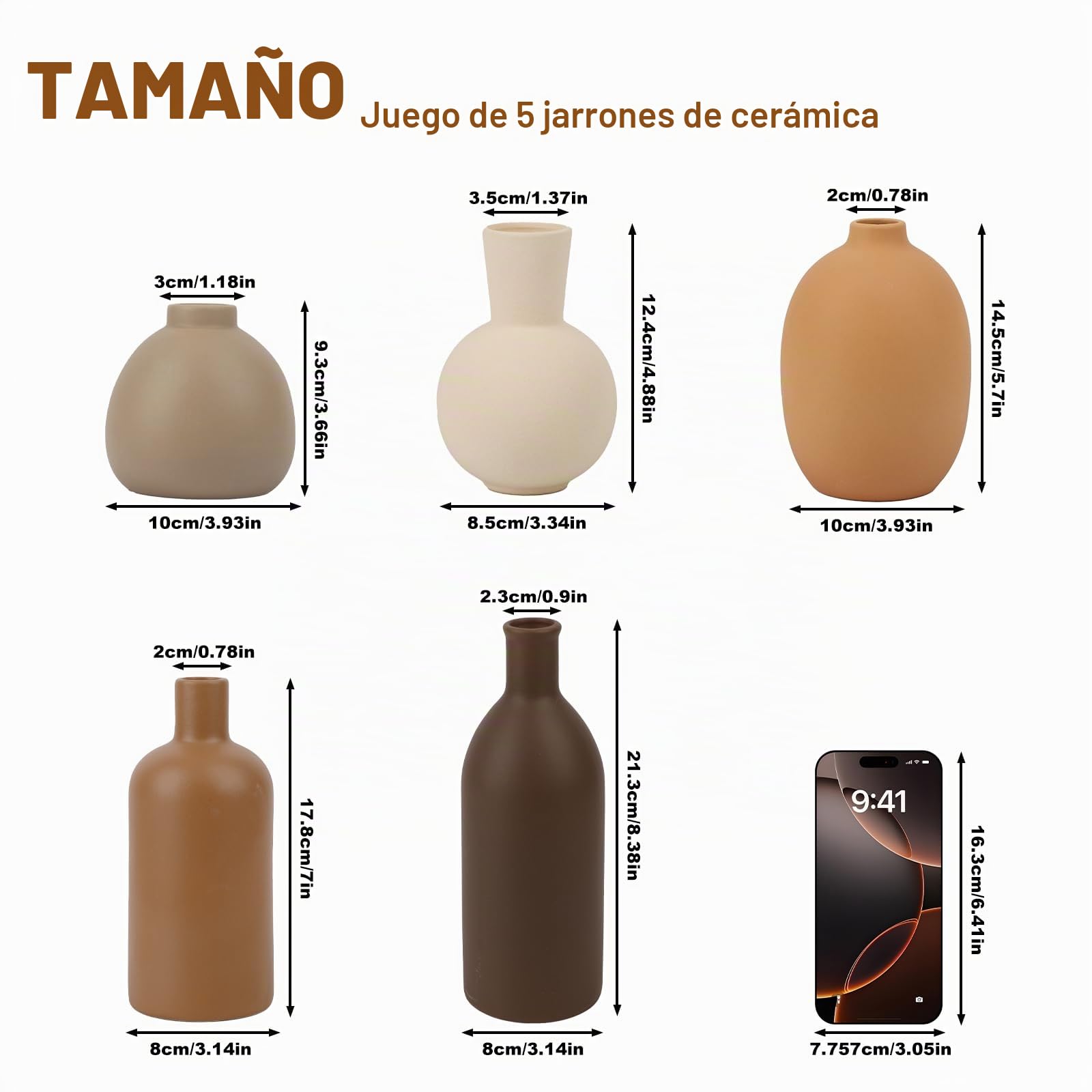Juego de jarrones de cerámica de 5 piezas, tonos tierra neutros - Decoración moderna bohemia y de granja para sala de estar, repisa de chimenea, entrada, acabado mate hecho a mano, impermeable para