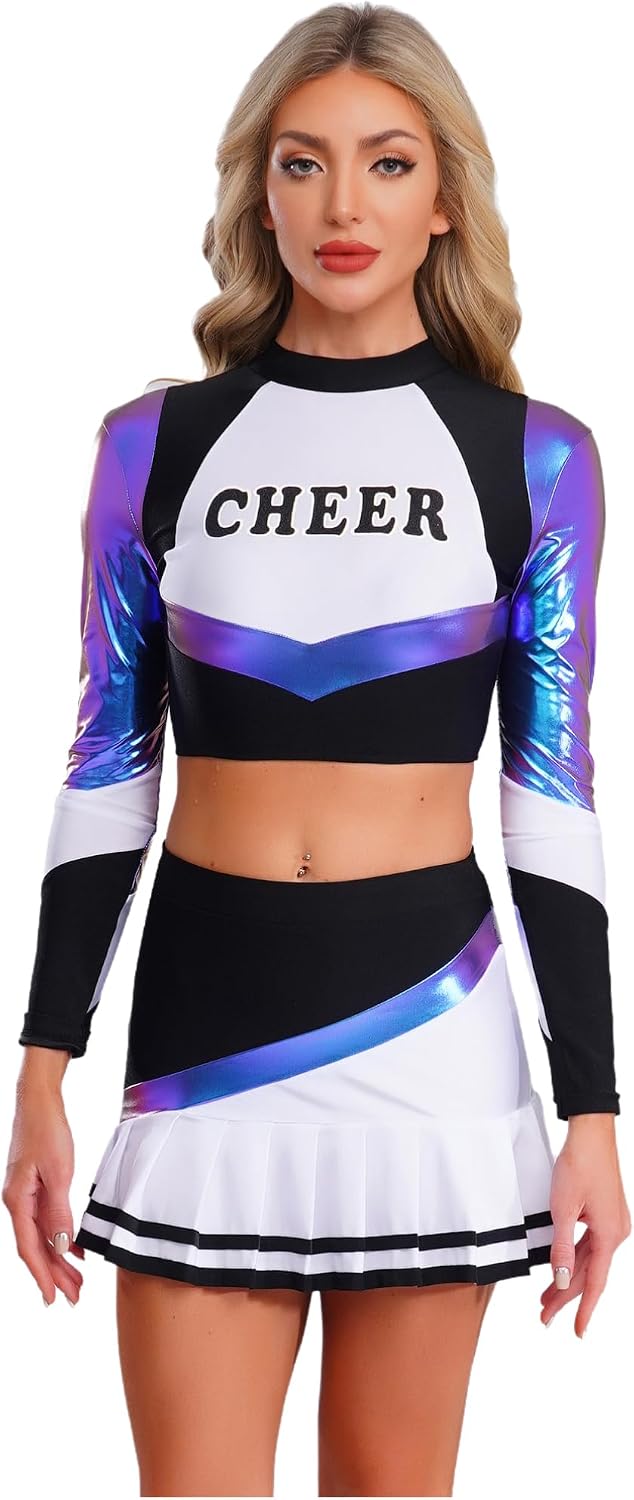 YiZYiF Women's Cheer Uniform Metallic Shiny Contrast Color Long Sleeve Crop Top + Pleated Miniskirt