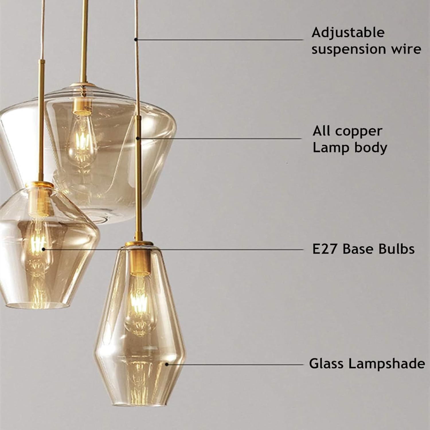 3 Heads Glass Pendant Light Modern Flush Mount Ceiling Hanging Light Fixture Unique Glass Chandelier for Kitchen Hotel Coffee Bar Dining Room