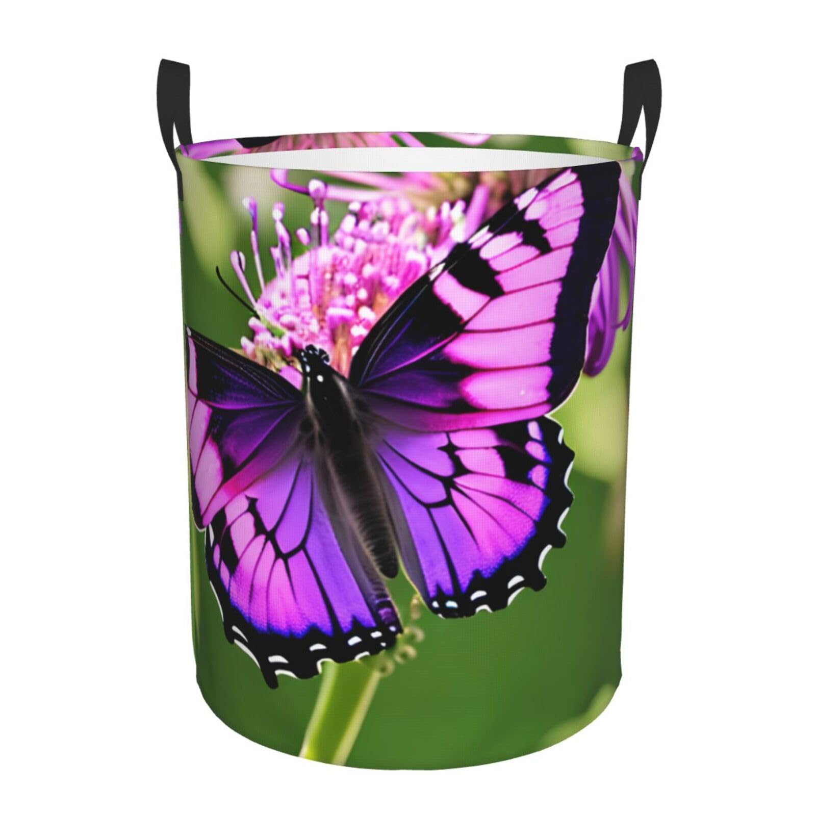 M Collapsible Round Purple Butterfly Print Laundry Hamper