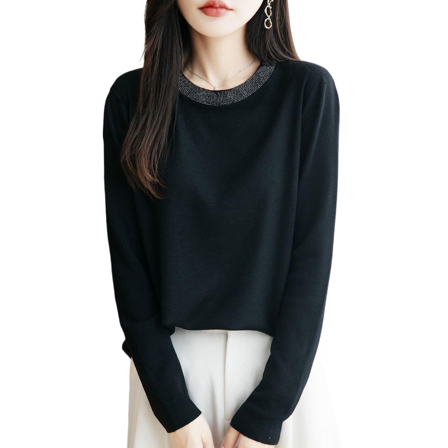 Long Sleeve Shirts for Women Sparkle Knit Sweater with Rhinestone Detail Soft Crewneck Fall Top Tunic Blouse