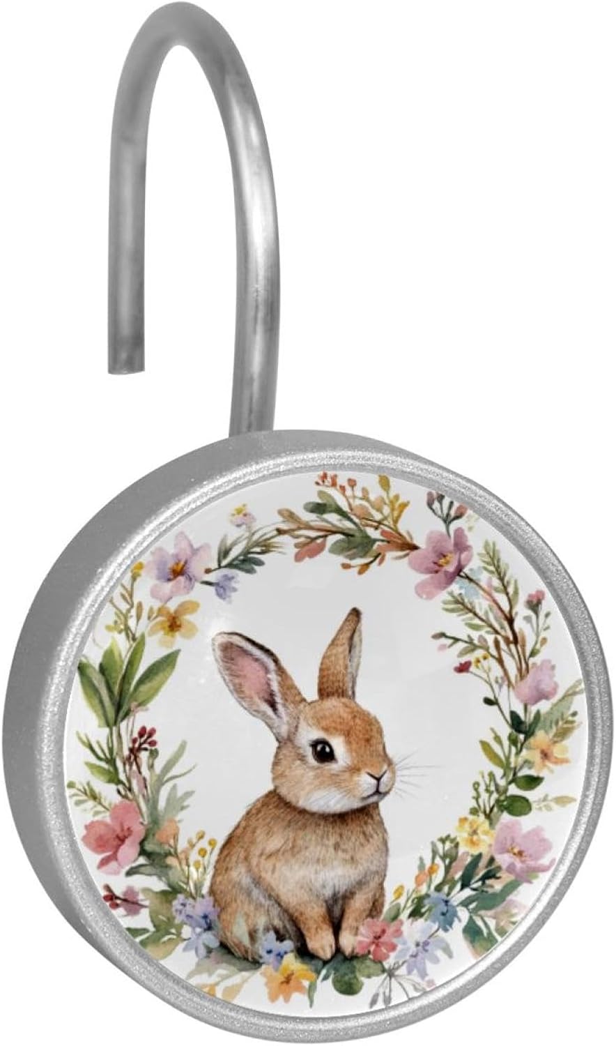 12PCS Brown Rabbit in Floral Wreath (2) Shower Curtain Hooks Metal Rust Resistant Decorative Shower Curtain Hooks Bathroom Decorations