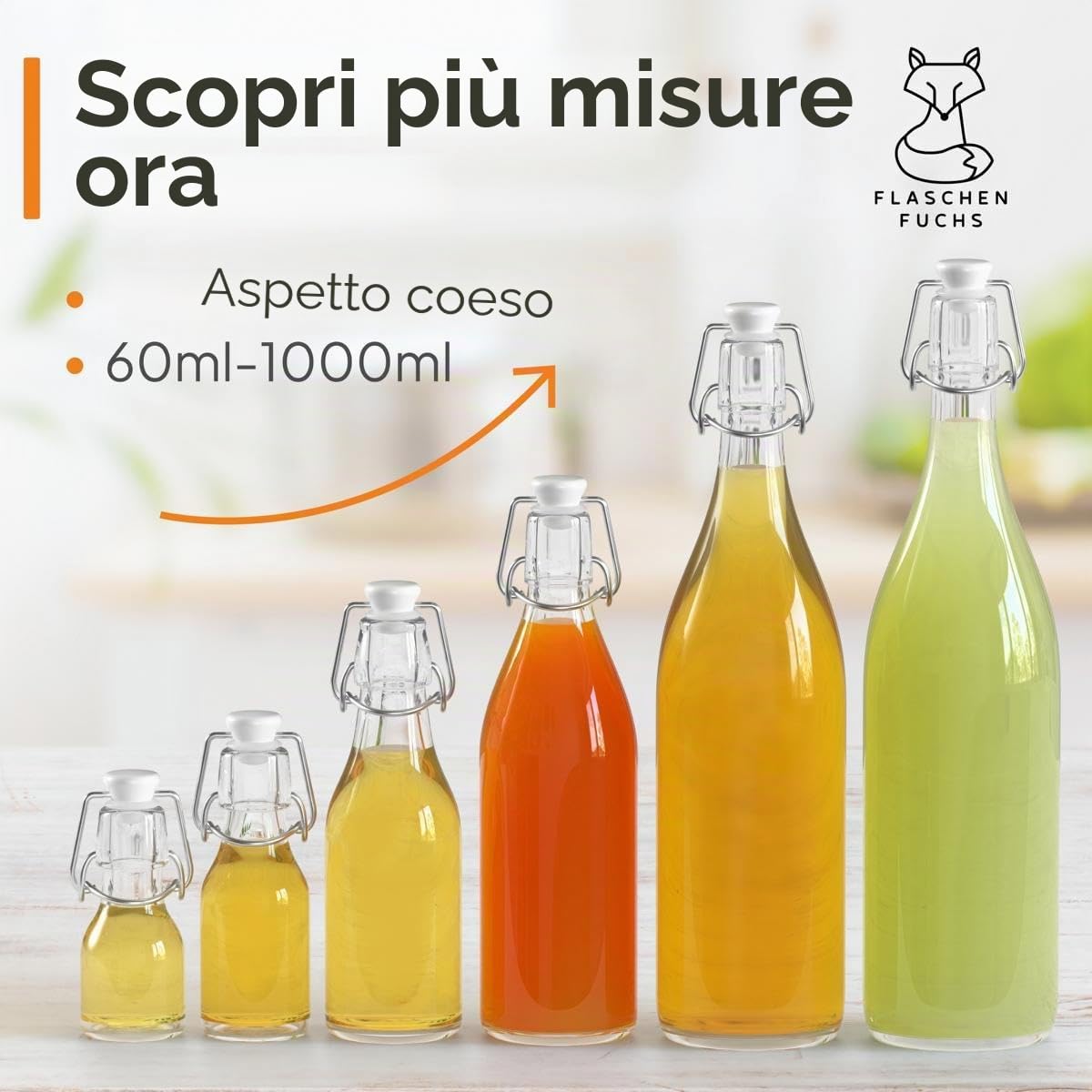 Set di 48 Bottiglie in Vetro da 60ml con Chiusura Ermetica - Bottiglia per Olio, Vino, Liquori, Acqua, Birra, Succhi di Frutta, Conserve e Latte - Bottigliette di Vetro piccole