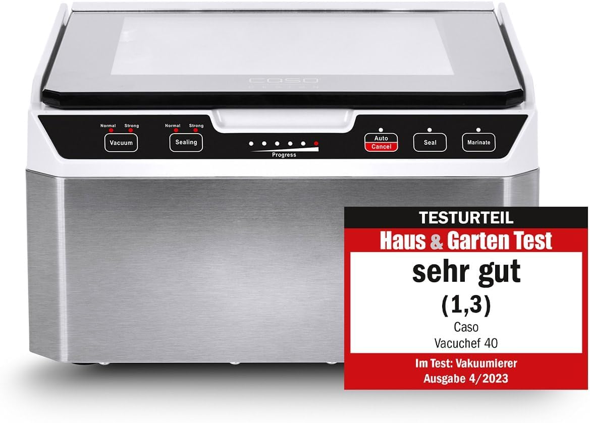 Caso VacuChef 40 - Kammervakuumierer aus Edelstahl, 1417 & Siegelrandbeutel 25 x 35 cm, 90 mμ, 100 Stück, ausschließlich für Kammervakuumierer, glatte Oberfläche, BPA-Frei, Sous Vide